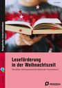 "Bergedorfer Unterrichtsideen. Leseförderung in der Weihnachtszeit. Die wilden Weihnachtswichtel: Rettet den Tannenbaum!" Ein aufgeschlagenes Buch mit schwebenden roten Sternen.