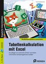 "Tabellenkalkulation mit Excel" - Illustration: Ein Fuchs ragt fröhlich aus einem Laptop, umgeben von Symbolen.