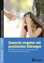 "Souverän umgehen mit psychischen Störungen" auf blau, Hand reicht zu einer erschöpften Person, Baum im Hintergrund.