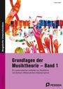 "Grundlagen der Musiktheorie – Band 1". Bunte Illustration mit Noten, Händen und Klaviertasten.
