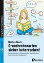 "Mathe-Check: Grundrechenarten sicher beherrschen!" Ein Mädchen liest ein Mathebuch, umgeben von mathematischen Symbolen.