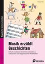 „Musik erzählt Geschichten“, Unterrichtsmaterialien zu Musikwerken. Illustration mit Märchenfiguren: Tiere, Hexe, Soldat.