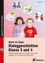 "Stark im Team: Dialoggeschichten Klasse 3 und 4." Zwei Kinder mit Gedankenblasen, gefüllt mit Superhelden und Fantasiefiguren.