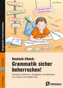„Deutsch-Check: Grammatik sicher beherrschen!“ Illustration eines Jungen beim Lernen, umgeben von Grammatikbegriffen.