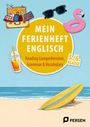 "MEIN FERIENHEFT ENGLISCH" steht in der Mitte. Strand mit Surfbrett, Koffer mit englischen Symbolen.