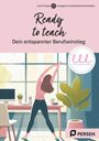 "Ready to teach: Dein entspannter Berufseinstieg." Illustration: Frau streckt sich im Büro mit Pflanze und Laptop.