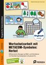 Oben: "Spielen, Spielplatz, Drachen" - Bilder mit Autos, Rutschen, Drachen. Unten: Kind am Tablet mit Symbolen.