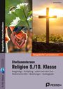 Stationenlernen Religion 9./10. Klasse. Fotos: Biene, Hände formen Herz, Kreuz im Sonnenuntergang.