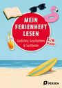 "Mein Ferienheft Lesen" in rotem Kreis, mit Sonnenbrille, Flamingo, Surfbrett, Getränk und Strand im Hintergrund.
