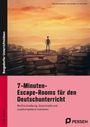 "7-Minuten-Escape-Rooms für den Deutschunterricht" steht auf einem Cover. Eine Person steht auf riesigen Büchern vor einem Sonnenuntergang.