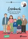 "Lesebuch (nicht nur) für Kinder mit Trisomie 21." Illustration einer Familie. Oben ein Logo, ein Profilbild und Links.