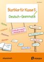 „Startklar für Klasse 5: Deutsch-Grammatik“. Bunte Wörter: Verben, Adjektive, Nomen. Illustration mit Schildern und Buch.