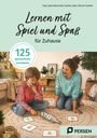 "Lernen mit Spiel und Spaß für Zuhause", "125 spielerische Lernideen". Illustration: Mutter und Kind spielen mit Zahlenkarten.