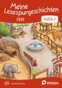 „Meine Lesespurgeschichten Tiere Klasse 2“. Illustration: Zoo-Szene mit Elefant, Giraffe, Brunnen und Verkäufer.