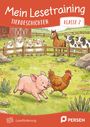 "Mein Lesetraining: Tiergeschichten, Klasse 2" steht oben. Eine Illustration zeigt Tiere auf einem Bauernhof, darunter Schafe, ein Pferd und Kühe. Ein Schwein läuft einem Huhn hinterher.