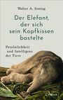 Text: "Walter A. Sontag. Der Elefant, der sich sein Kopfkissen bastelte. Persönlichkeit und Intelligenz der Tiere." Ein Elefant liegt auf Gras.