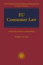 "EU Consumer Law" in gelber Schrift auf blauem Hintergrund. Oben und unten rote Flächen mit weiteren Texten.