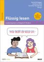 „Flüssig lesen“, „Lesekompetenz erfolgreich fördern“. Illustration: Zwei Personen mit Buch, denken nach.