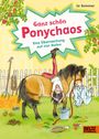 Text: "Ganz schön Ponychaos. Eine Überraschung auf vier Hufen." Illustration: Kind kopfüber auf einem Pony, umgeben von Gartenchaos.