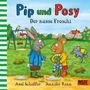 „Pip und Posy: Der nasse Froschi“. Zwei Tiere, Hase und Maus, stehen auf einer Wiese mit Spielgeräten.