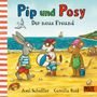 "Pip und Posy: Der neue Freund." Ein Hase, ein Hund und eine Maus spielen am Strand. Der Hund hält einen Ball.
