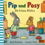 „Pip und Posy: Die kleine Pfütze“. Illustration: Ein Hase und eine Maus schauen auf eine Pfütze am Boden.