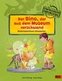 "Der Dino, der aus dem Museum verschwand. Wissensabenteuer Dinosaurier." Illustration eines Kindes und eines Dino-Skeletts.