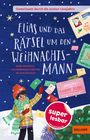 „Elias und das Rätsel um den Weihnachtsmann“ steht auf einem winterlichen Hintergrund mit Briefen und einem Kind im Schnee.
