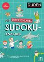 Oben: "AB 7 JAHREN" und "DIE SUPERSCHLAUEN SUDOKU-KNACKER". Unten: "ZAHLENSPIELE ZUM TÜFTELN UND KNOBELN". Band 11. Kinder und ein Hai sind fröhlich gezeichnet.