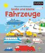 „Große und kleine Fahrzeuge“ zeigt bunte Fahrzeuge und Menschen bei verschiedenen Aktivitäten auf Land, Wasser und Schnee.