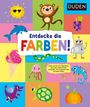 "Entdecke die FARBEN!" in bunten Buchstaben. Ein Affe, Roboter, Eisdiele, Delfin und bunte Tiere auf farbigem Hintergrund.