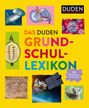 Texte: "DAS DUDEN GRUNDSCHUL-LEXIKON", "700 Stichwörter von A bis Z". Bunte Illustrationen: Hai, Maschine, Virus, Samen, Dinosaurier, Satellit, Koala.