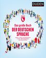 Illustration mit dem Text: "Das große Buch der deutschen Sprache" umgeben von einer Vielfalt bunter Menschenfiguren.