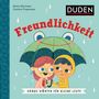 "Freundlichkeit", "Große Wörter für kleine Leute". Zwei Kinder teilen einen Froschschirm im Regen; der Stil ist verspielt.