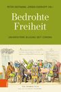 "Bedrohte Freiheit: Universitäre Bildung seit Corona." Illustration von diskutierenden Personen am Tisch, mit Texten.