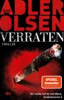Text: "Jussi Adler Olsen - Verraten, Thriller. SPIEGEL Bestseller. Der zehnte Fall für Carl Mørck, Sonderdezernat Q."  
Illustration: Blutiges Messer auf rotem Hintergrund.
