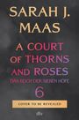 Text: "SARAH J. MAAS A COURT OF THORNS AND ROSES DAS REICH DER SIEBEN HÖFE 6 COVER TO BE REVEALED" vor grauem Hintergrund.