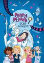 Buchtitel: "Penny Pepper: Echt gefälscht!" Illustration von Kindern, einer Statue und einem verspielten Hund auf einer Säule.