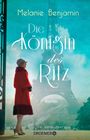"Melanie Benjamin, Die Königin des Ritz, Roman, Droemer. Frau in rotem Mantel, Hintergrund Eiffelturm, blauer Himmel."