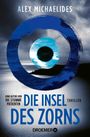 Titel: "Die Insel des Zorns" von Alex Michaelides. Vordergrund: Blaue Pinselstriche bilden ein Auge. Hintergrund: Stürmisches Meer.