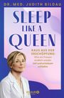 „SLEEP LIKE A QUEEN“ steht groß drauf, „Raus aus der Erschöpfung“ kleiner. Bild von Frau in weißem Kittel unten links.