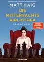 "Die Mitternachtsbibliothek. Spiegel Bestseller-Autor. Illustration: Eine Person sitzt vor einem Schachspiel."
