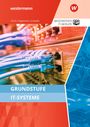 Titel: Grundstufe IT-Systeme. Mehrere Netzwerkstecker in Anschlüssen, rote und blaue Farbgestaltung.
