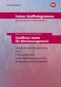 „Holzer Stofftelegramme“, „Kauffrau/-mann für Büromanagement“. Design mit rosa Streifen und geometrischem Hintergrund.