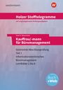 "Holzer Stofftelegramme. Kauffrau/-mann für Büromanagement. Abschlussprüfung. Buch+Web-Logo. Rote und blaue Farben."