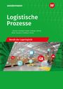 „Logistische Prozesse“ in Weiß auf Grün. „Berufe der Lagerlogistik“ auf rotem Band. Lagerhalle mit Symbolen.