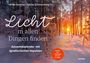 "Licht in allen Dingen finden" steht über einem verschneiten Wald mit Sonnenuntergang. Ein roter Kreis sagt: "Impulse vom 1. Dezember bis zum 6. Januar".