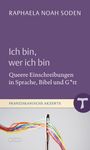 "Ich bin, wer ich bin. Queere Einschreibungen in Sprache, Bibel und G*tt." Lila Hintergrund, bunte Fäden durch Nadel.