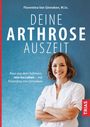 "DEINE ARTHROSE AUSZEIT. Raus aus dem Schmerz, rein ins Leben." Frau in weißem Hemd, lächelnd, vor blauem Hintergrund.