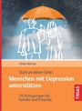 "Stark an deiner Seite: Menschen mit Depression unterstützen". Illustration: Zwei Personen mit Schirm im Regen.